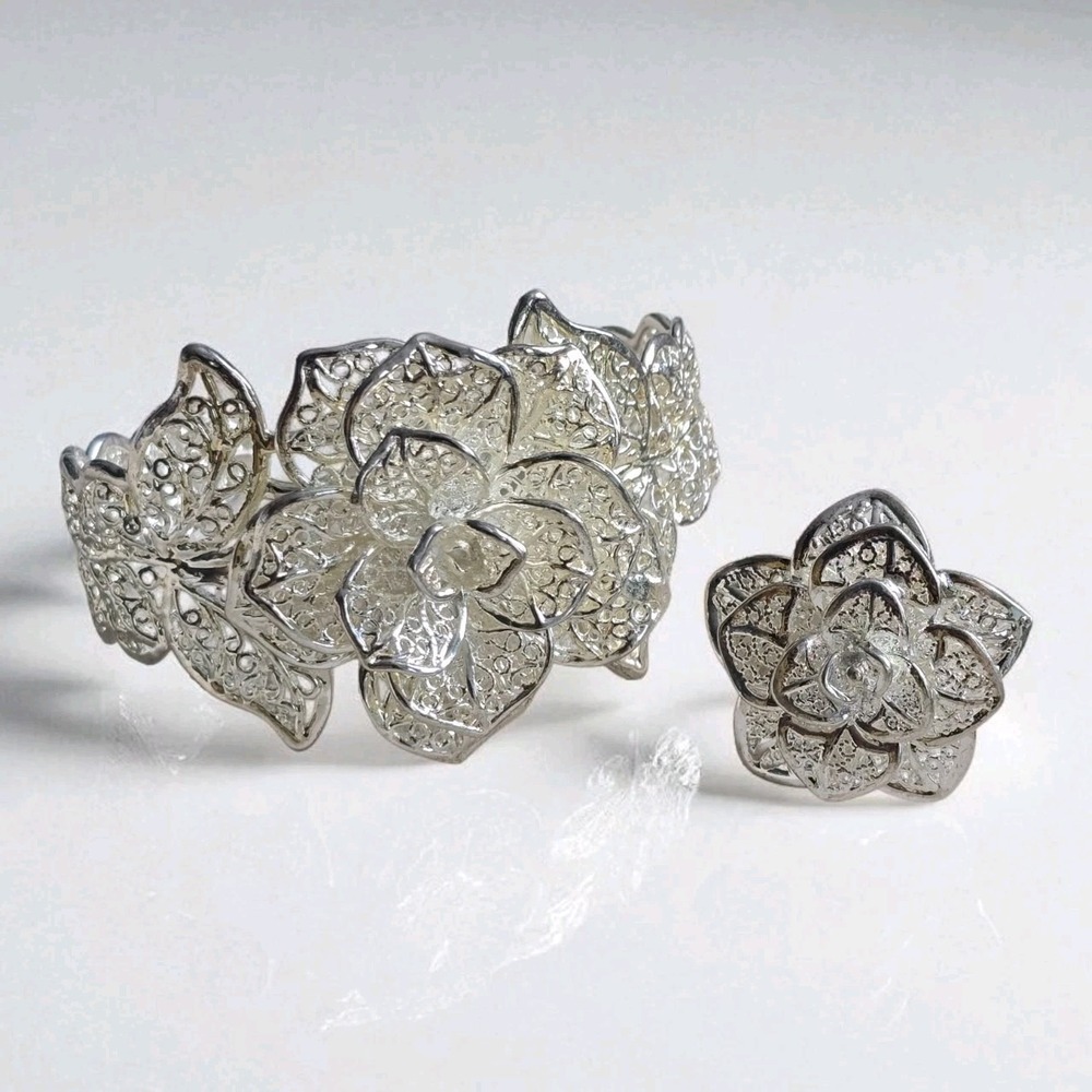 Silver Tone Floral Statement Cuff Bracelet & Matching Flower Ring Set – Size 6.5